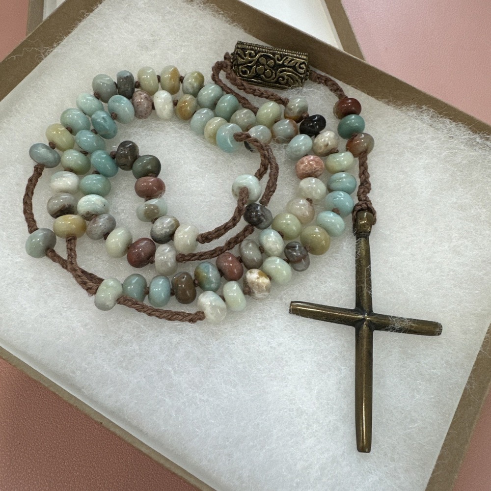 Handmade Aqua Brown Amazonite Gemstone/Bronze Crucifix Rosary 16" NOS